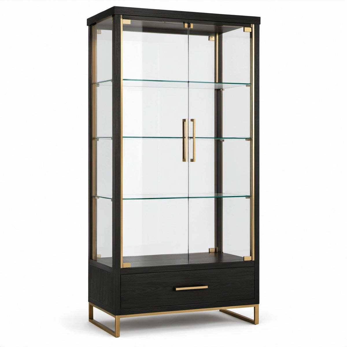 Moderne Vitrine mit 3 Glasböden und Schublade, Schwarz/Gold/Transparent, 90 × 40 × 190 cm