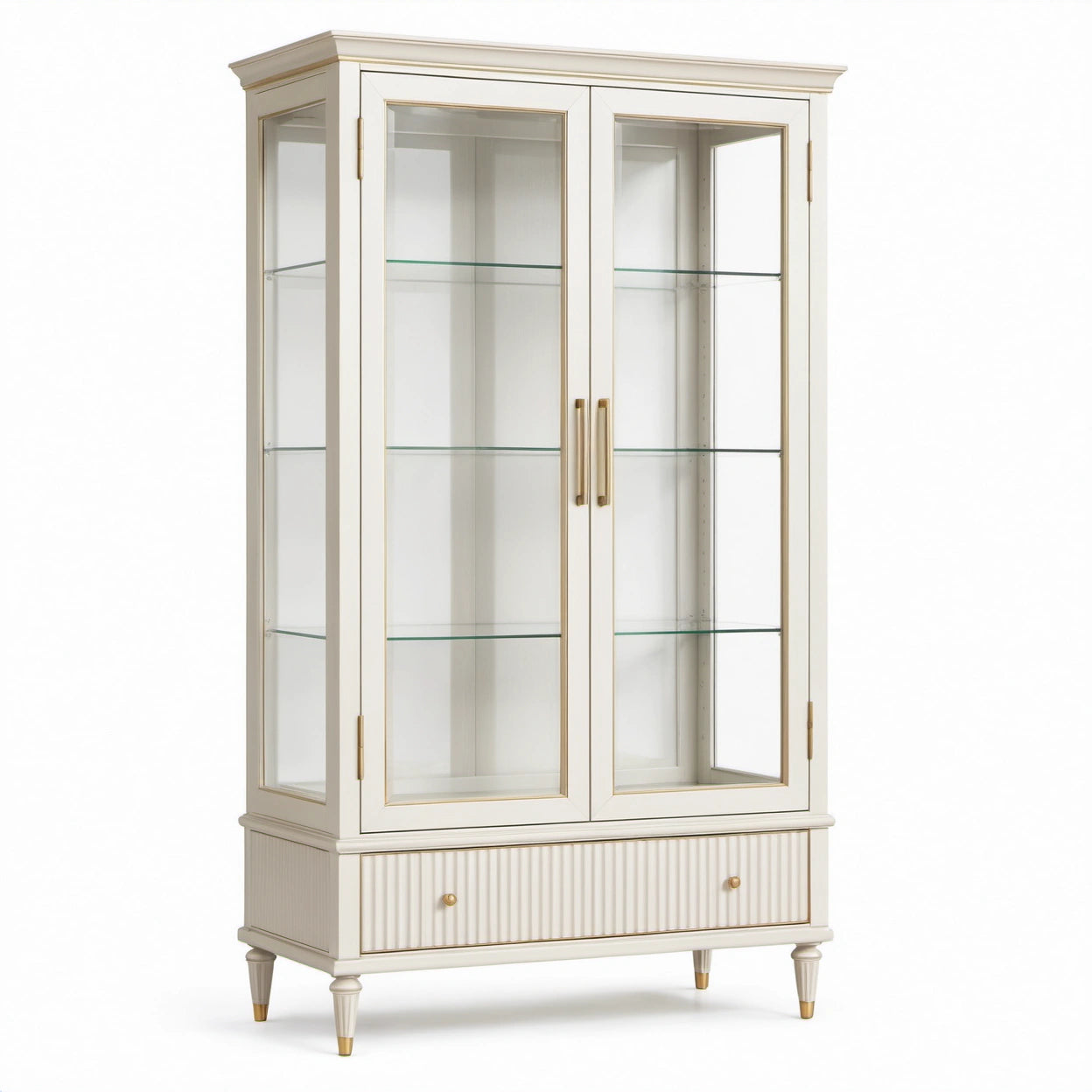 Klassischer Vitrinenschrank aus Holzwerkstoff und Glas, Weiß/Gold, 105 × 42 × 185 cm