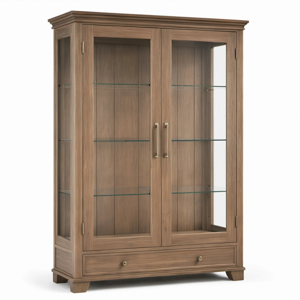 Vitrine mit Glastüren und Schublade, 110 × 42 × 190 cm, Braun, Messingfarben und Transparent