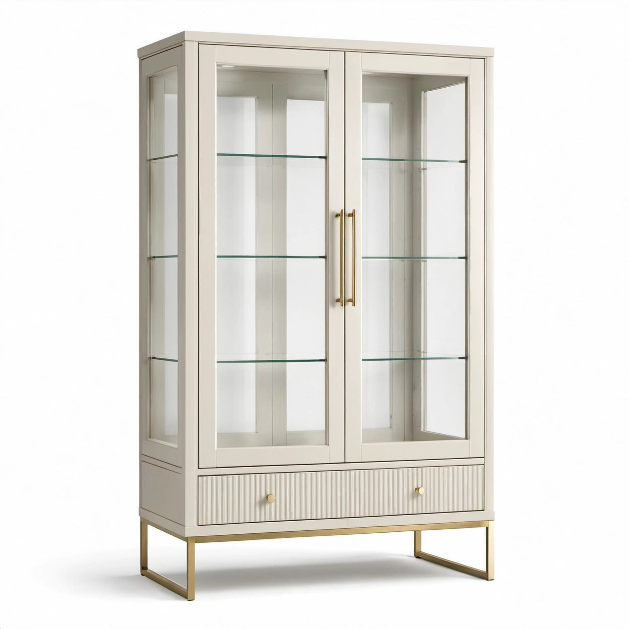 Moderne Vitrine mit 2 Glastüren, 3 Glasböden und Schublade, Cremeweiß/Goldfarben/Transparent, 100 × 40 × 180 cm