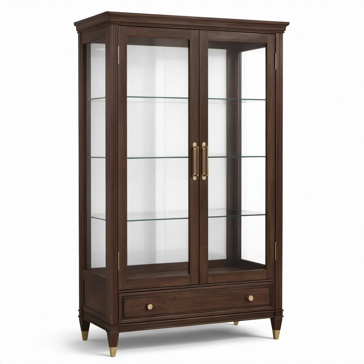 Klassischer Vitrinenschrank aus Holzwerkstoff und Glas, Dunkelbraun, 110 × 45 × 200 cm, mit 2 Türen und 1 Schublade