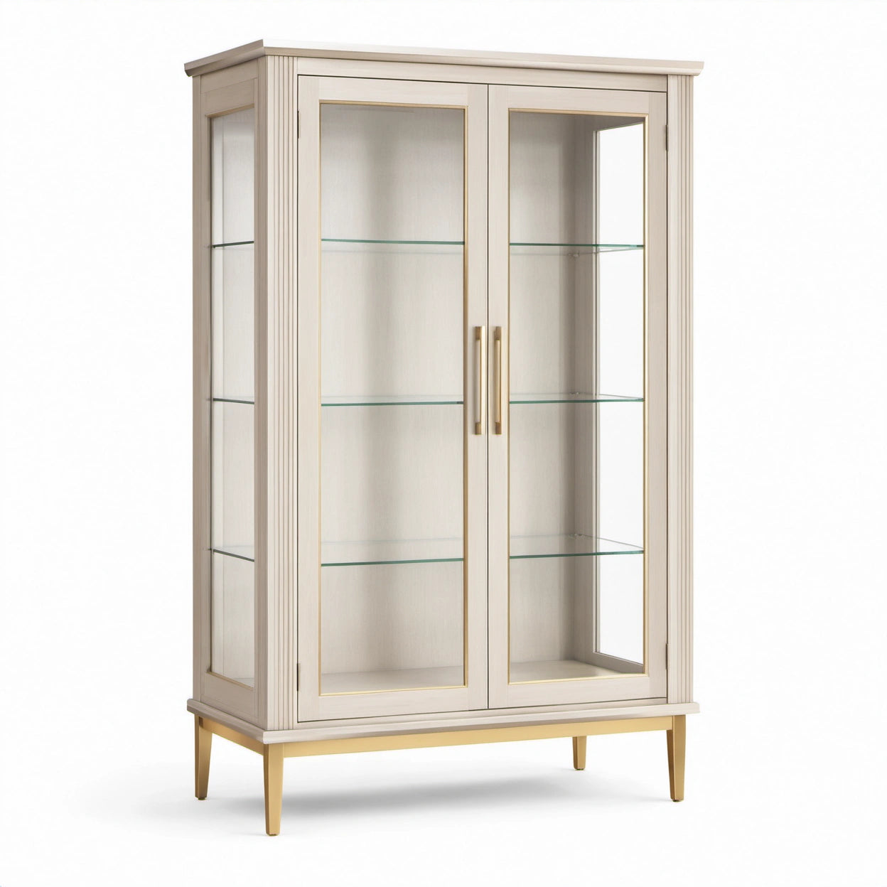 Vitrine aus Holzwerkstoff, Glas und Metall in Beige/Gold/Transparent, 110 × 40 × 180 cm, mit 2 Türen und 3 Glasböden