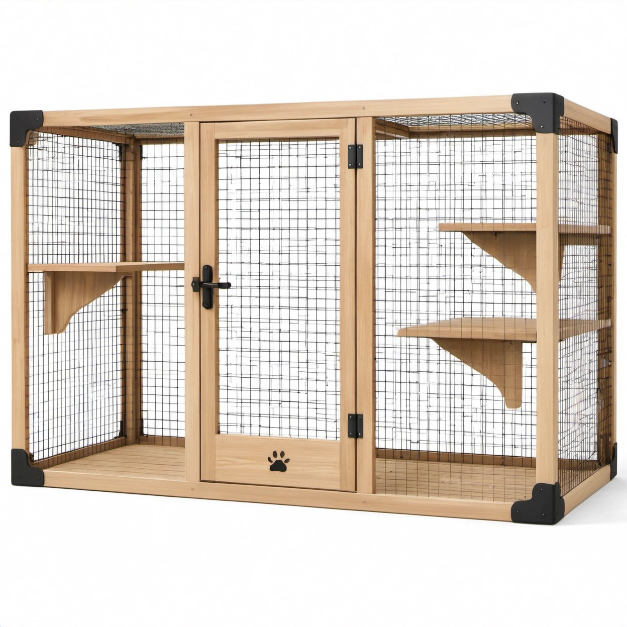 Katzengehege aus Holz und Metall mit Tür und 3 Liegeflächen, 120 × 60 × 100 cm, Natur/Schwarz
