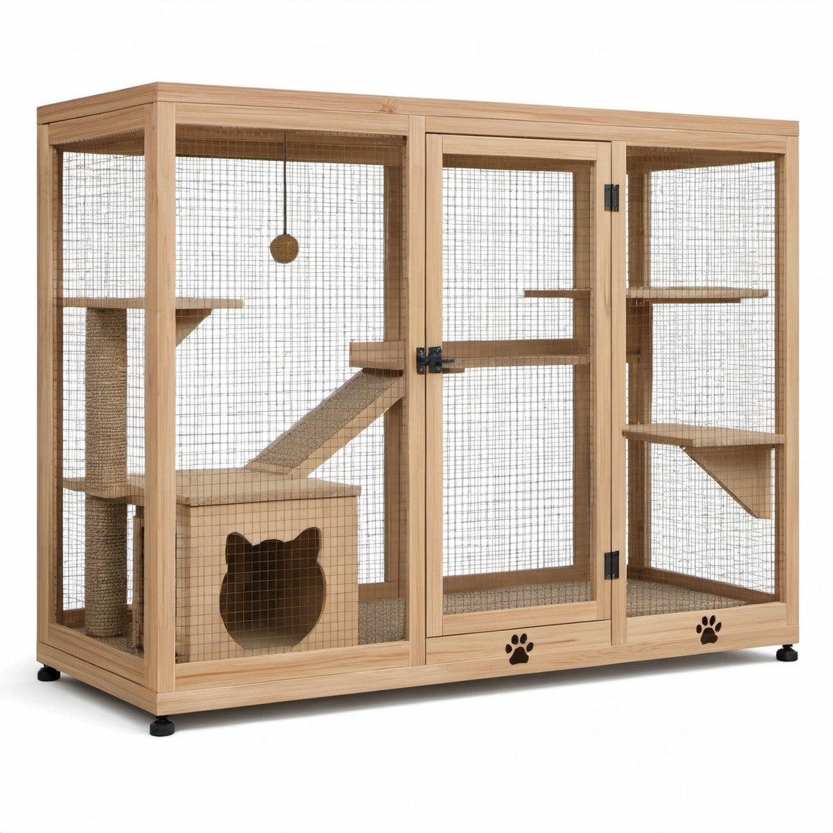 Katzengehege aus naturfarbenem Holz mit Drahtgitter, Kletterebenen und Katzenhöhle, 180 × 80 × 170 cm