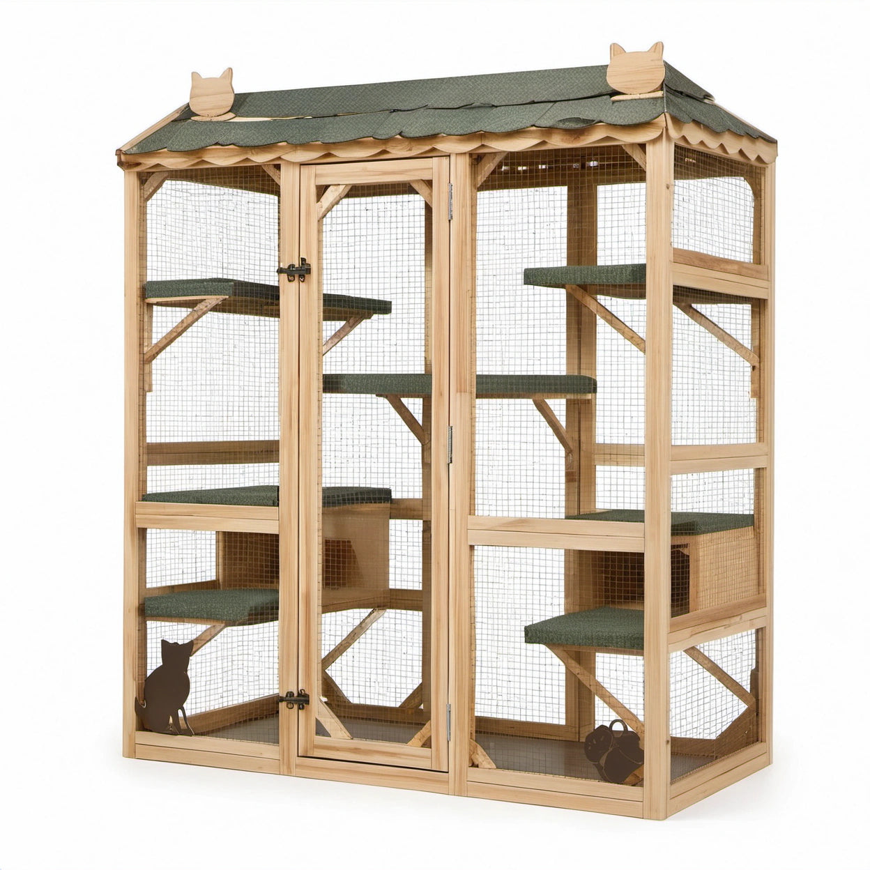 Begehbares Katzenfreigehege aus Holz mit Drahtgitter, Dach, Liegeebenen und Rückzugshäusern, 180 × 100 × 181 cm, Natur/Grün/Schwarz
