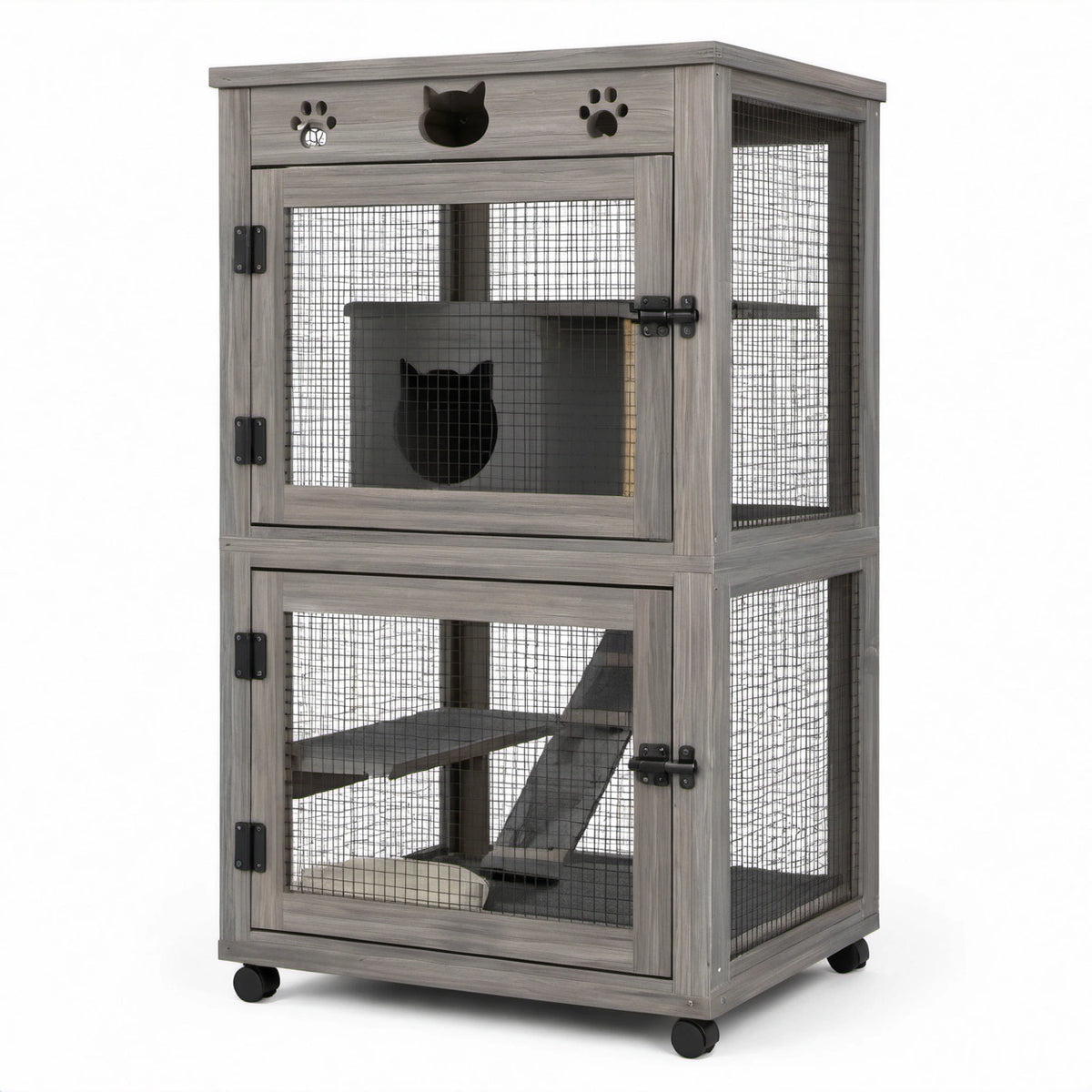 Zweistöckiges Katzengehege aus Holzwerkstoff und Metall mit Rollen, Grau/Schwarz, 80 × 60 × 140 cm