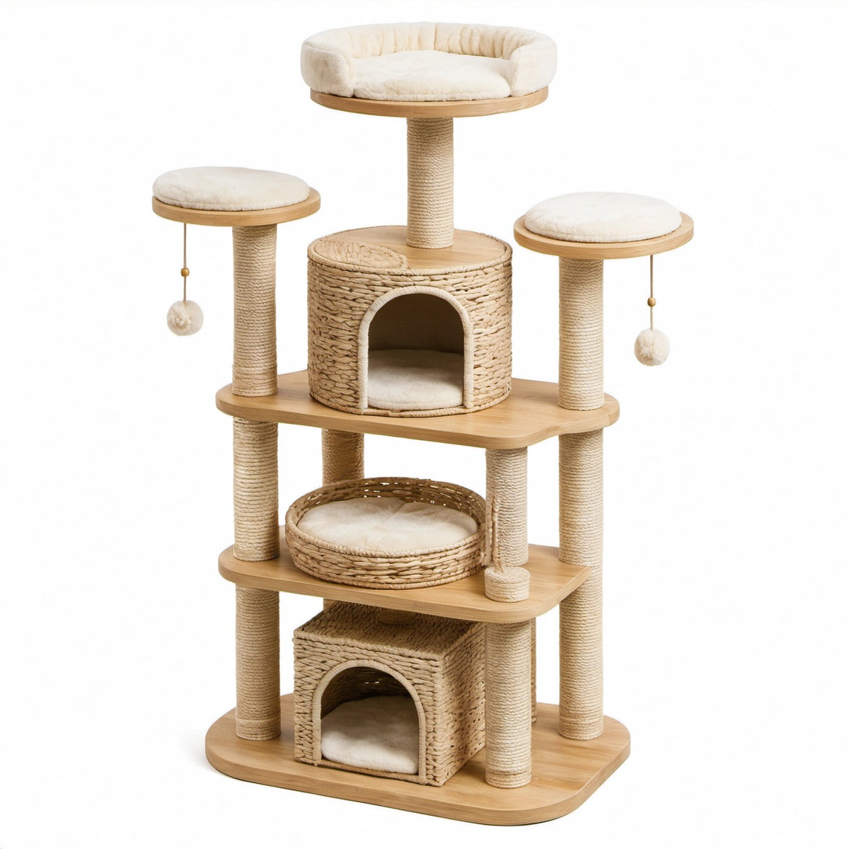 Mehrstufiger Kratzbaum aus Holzwerkstoff, Sisal und Plüsch, 80 × 60 × 175 cm, Natur/Creme, mit 2 Höhlen und mehreren Liegeflächen