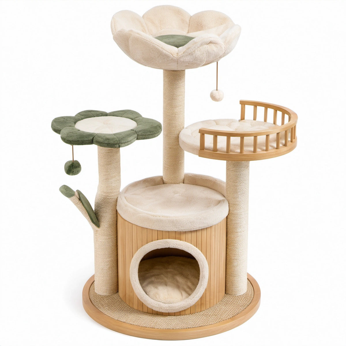 Mehrstöckiger Katzenkletterturm aus Holz, Sisal und Plüsch, 100 × 160 cm, Beige/Grün/Naturfarben, mit Höhle und Liegeflächen