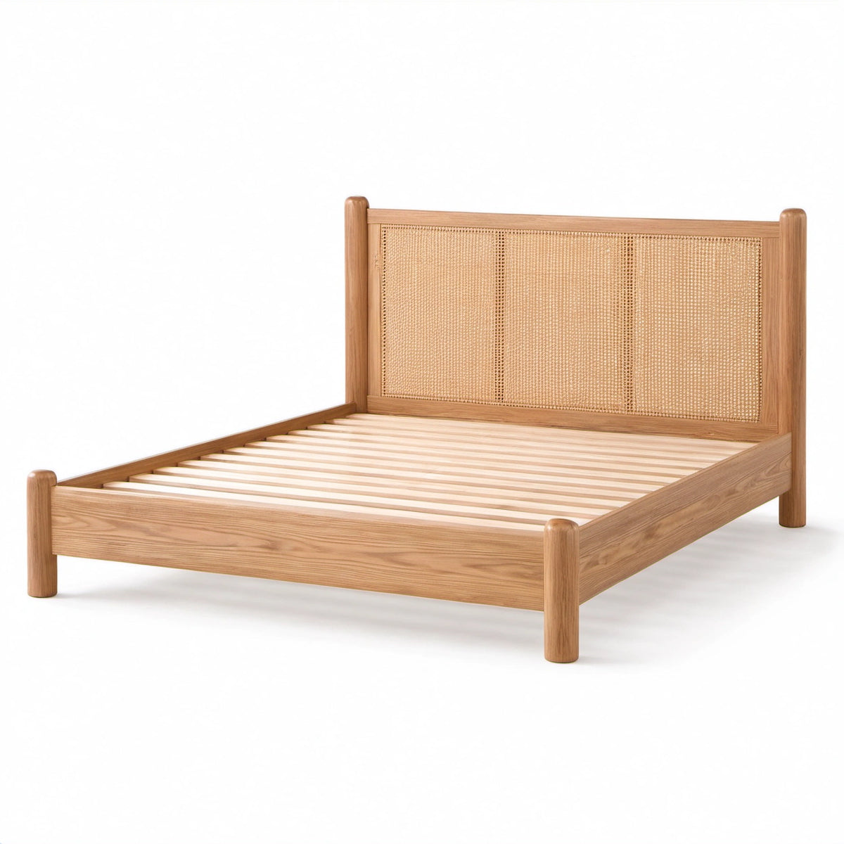 Doppelbettgestell 160 × 200 cm aus Holz, Naturbraun, mit Rattangeflecht und Lattenrost