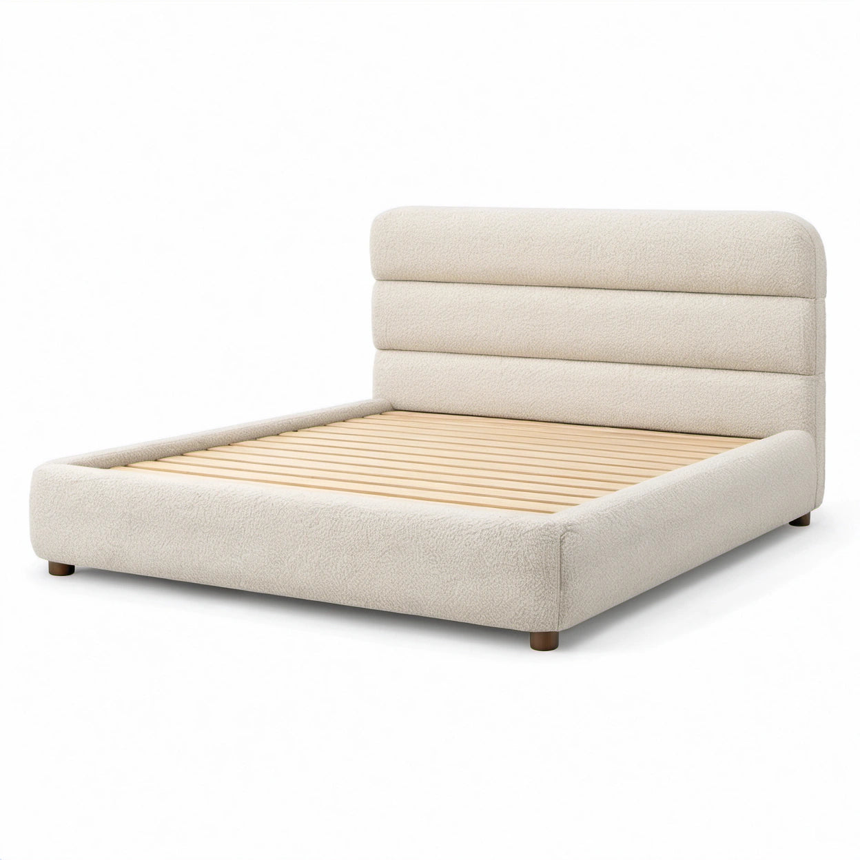Polsterbett mit Bouclé-Bezug in Creme, Holzlattenrost, 220 × 180 × 110 cm, Liegefläche 160 × 200 cm