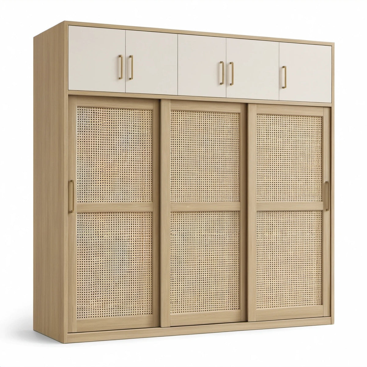 Kleiderschrank mit 3 Schiebetüren und Geflechtfronten, 240 × 60 × 240 cm, Natur/Creme/Gold