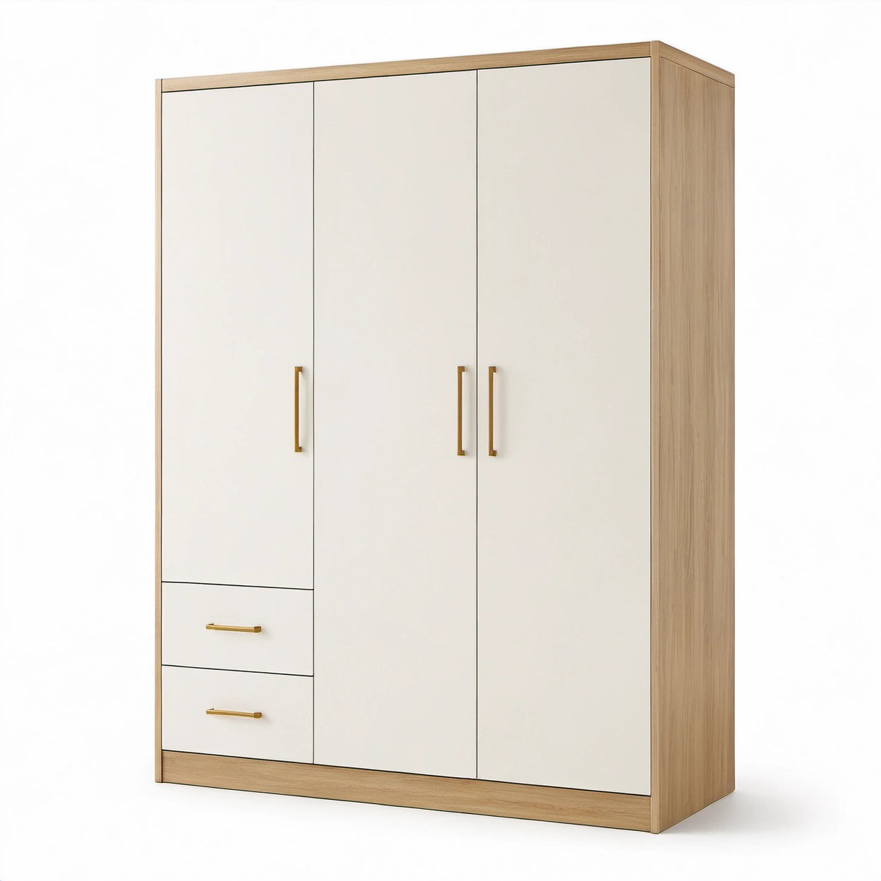 Kleiderschrank 150 × 55 × 200 cm, Weiß/Eichefarben/Goldfarben, 3 Türen und 2 Schubladen