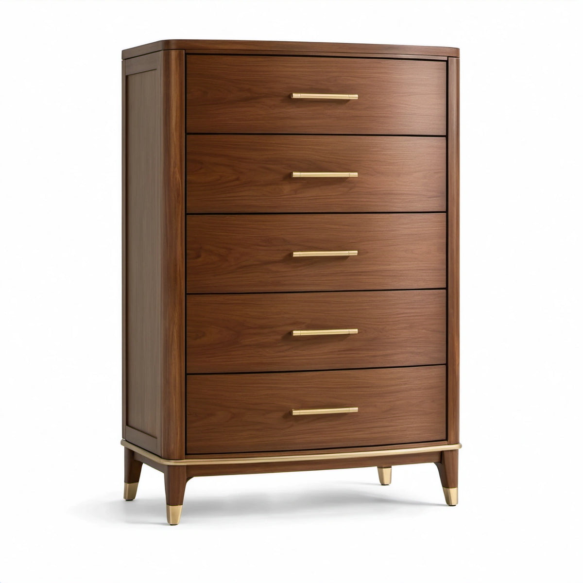 Hohe Holzkommode mit 5 Schubladen, Braun/Goldfarben, 80 × 45 × 120 cm, Mid-Century-Stil
