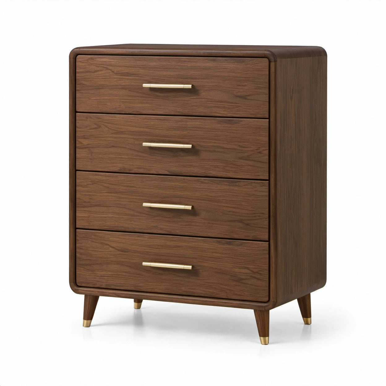 Hohe Kommode mit 4 Schubladen, 80 × 42 × 105 cm, Walnussbraun und Goldfarben, Mid-Century-Stil