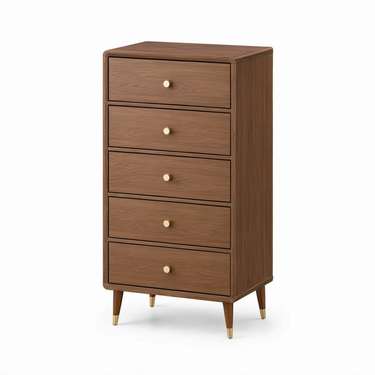 Hohe Schubladenkommode mit 5 Schubladen, 60 × 40 × 115 cm, Braun/Messingfarben, Mid-Century-Stil