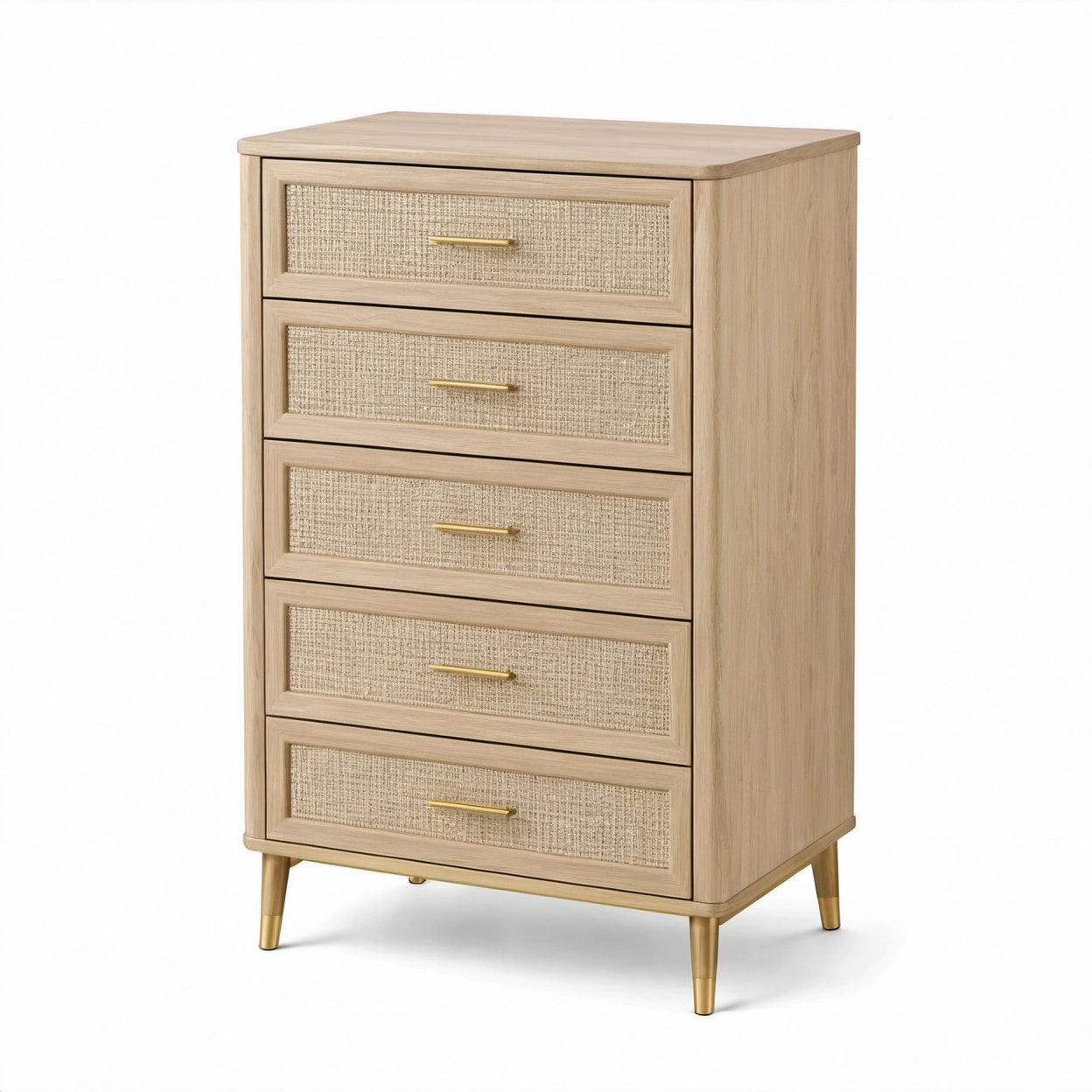 Kommode mit 5 Schubladen und Geflechtfronten, 80 × 40 × 120 cm, Natur/Gold