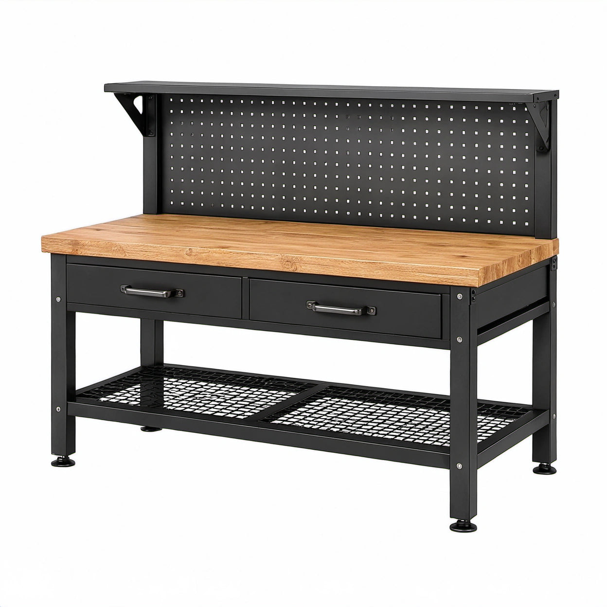 Werkbank mit Holzarbeitsplatte, Lochwand, 2 Schubladen und Ablagen, 120 × 60 × 150 cm, Schwarz/Natur