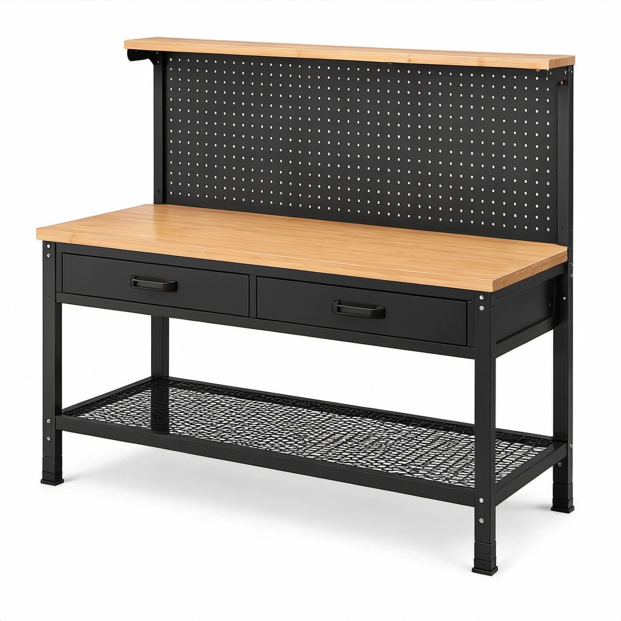Werkbank aus Stahl und Holz mit Lochwand, 2 Schubladen und Ablagen, 120 × 60 × 150 cm, Schwarz/Natur