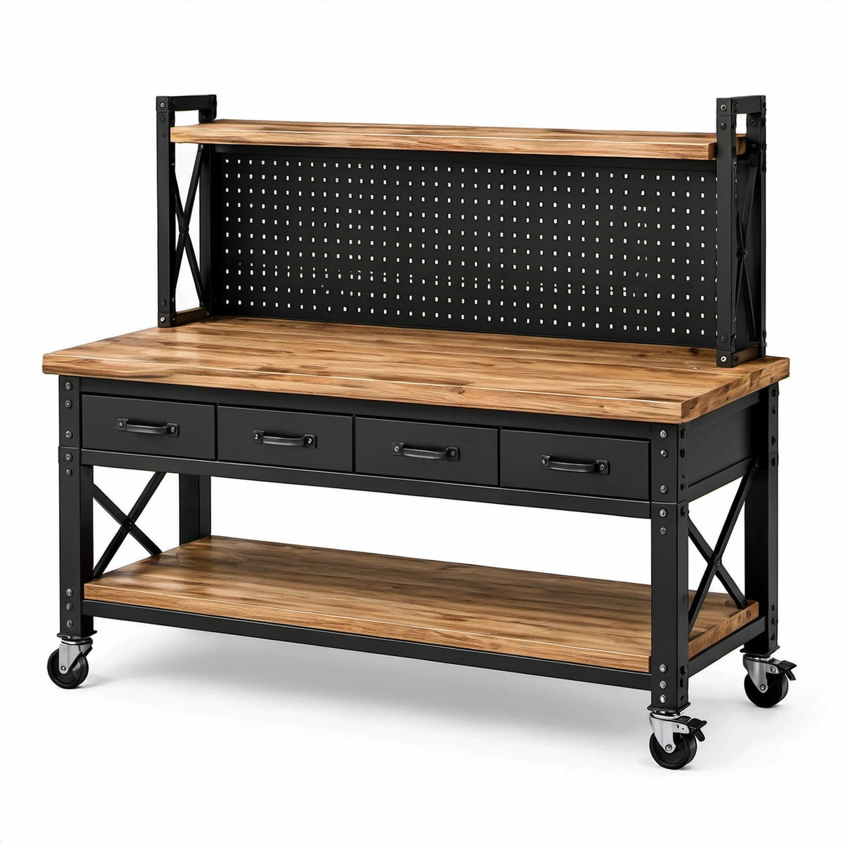 Mobile Werkbank aus Holz und Stahl mit Lochwand, 4 Schubladen, 2 Ablagen und Rollen, 120 × 60 × 150 cm, Braun/Schwarz