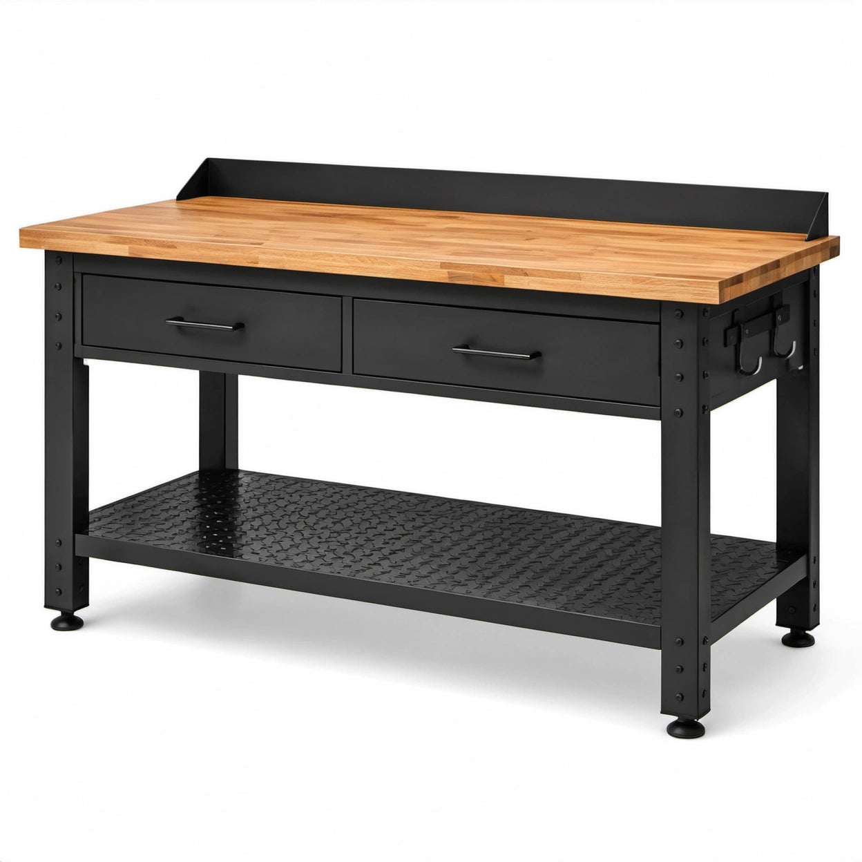 Werkbank aus Holz und Stahl mit 2 Schubladen, Ablage und Werkzeughaken, Schwarz/Braun, 120 × 60 × 95 cm