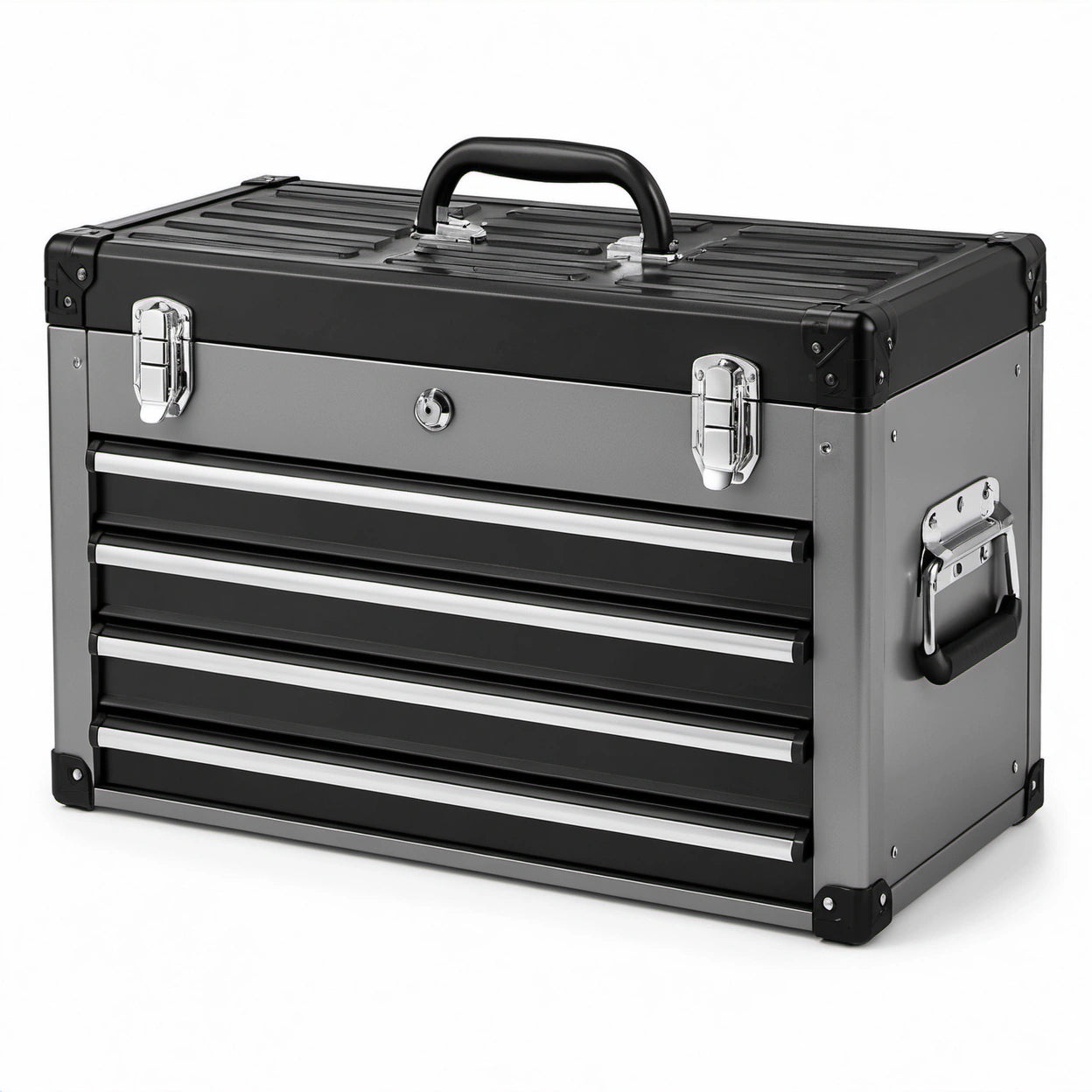 Stahl-Werkzeugkasten mit 4 Schubladen, oberem Fach und Tragegriffen, 52 × 26 × 40 cm, Schwarz/Silber