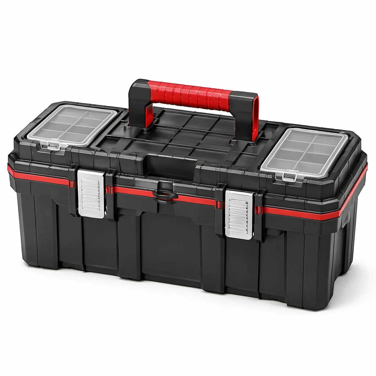 Robuster Werkzeugkasten aus Kunststoff, 55 × 28 × 27 cm, Schwarz/Rot, mit Kleinteilefächern und Tragegriff