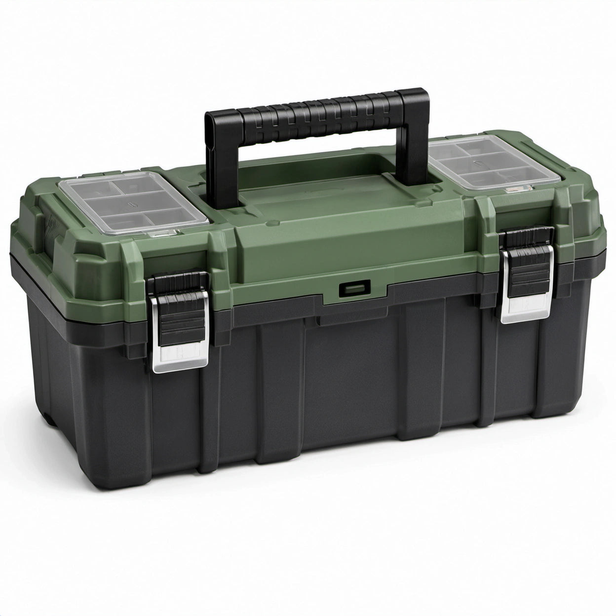 Robuster Werkzeugkoffer aus Kunststoff, 50 × 25 × 24 cm, Schwarz/Grün/Transparent, mit Kleinteilefächern und Tragegriff