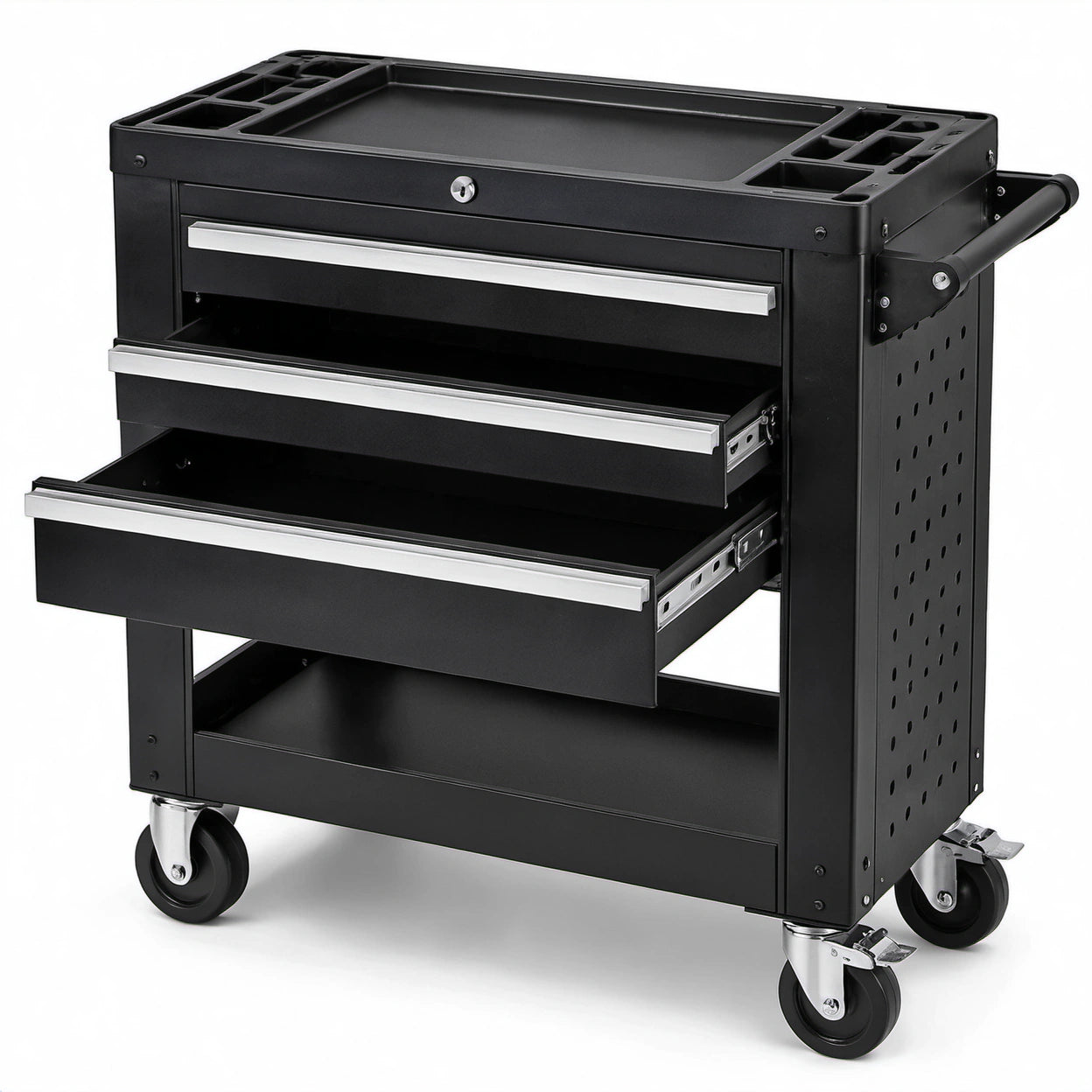 Abschließbarer Werkstattwagen aus Stahl, 77 × 47 × 88 cm, Schwarz/Silber, 3 Schubladen und 4 Lenkrollen