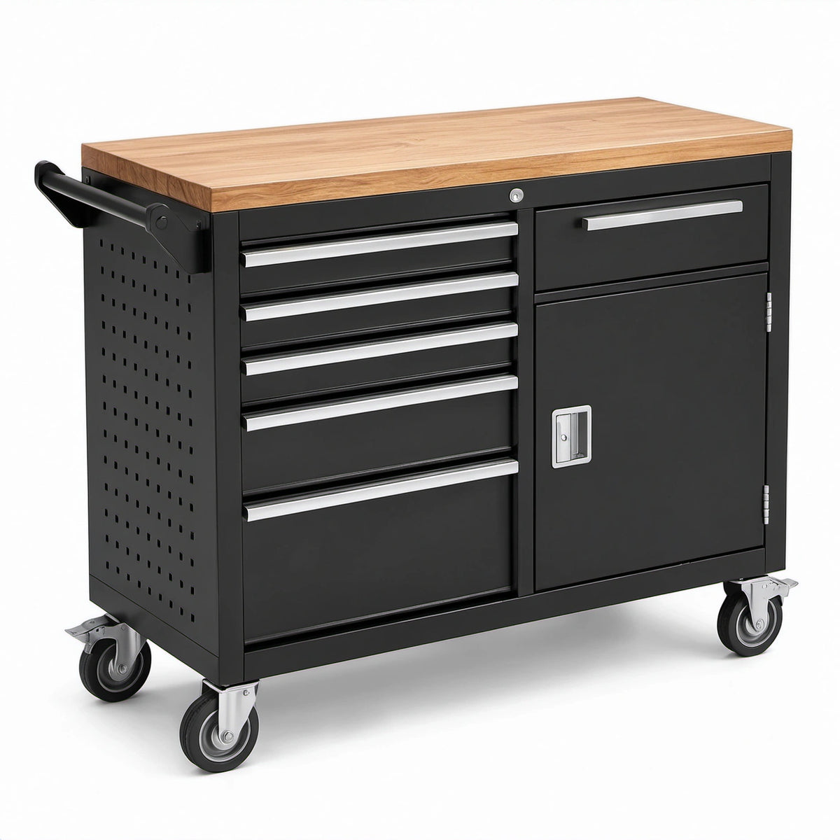 Mobiler Werkzeugwagen mit Holzarbeitsplatte, 112 × 50 × 95 cm, Schwarz/Holzfarben/Silber, 6 Schubladen und Schrankfach