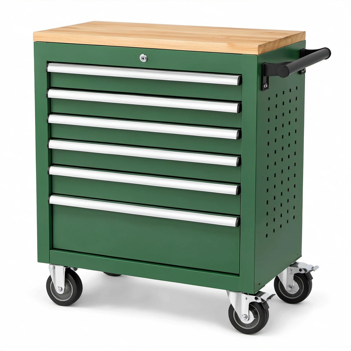 Abschließbarer Werkzeugwagen in Grün mit 6 Schubladen, Holzarbeitsplatte und 4 Rollen, 70 × 33 × 76 cm
