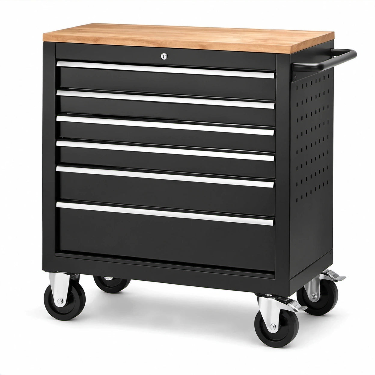 Mobiler Werkzeugwagen aus Stahl mit 6 Schubladen, Holzarbeitsplatte und Schloss, 85 x 46 x 95 cm, Schwarz/Natur/Silber